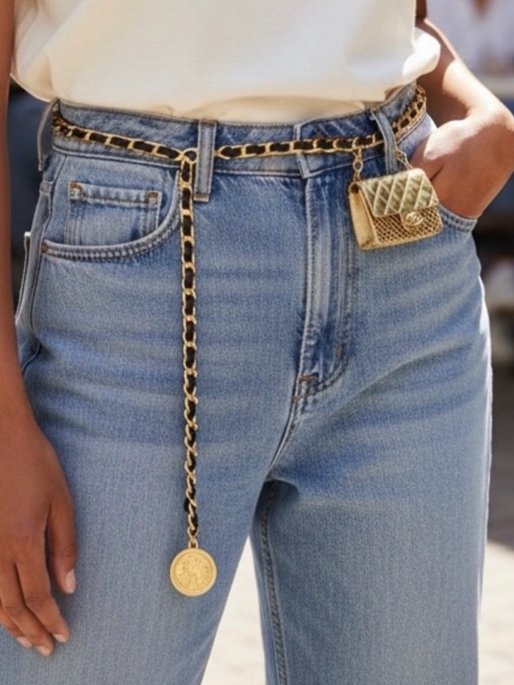 Trendy Gold Chain Belt Mini Bag Charm & Coin Adjustable